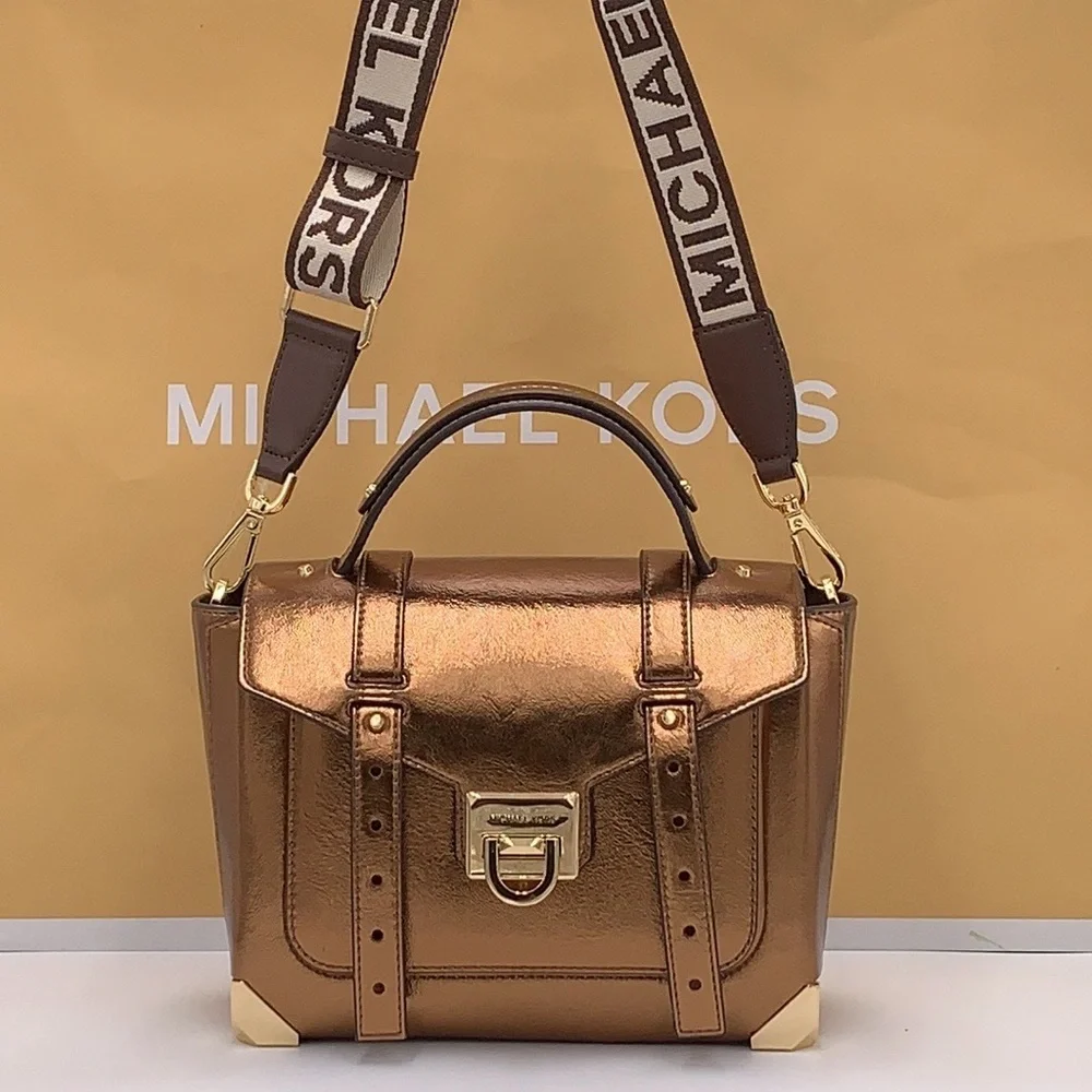 MICHAEL KORS Manhattan Medium Top Hand School Patent Satchel MOCHA COLOR